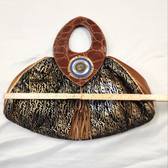 Women's Metallic Copper Brown Mixed Material Ethnic Ornate Sturdy Hand Purse Bag - Picture 13 of 16